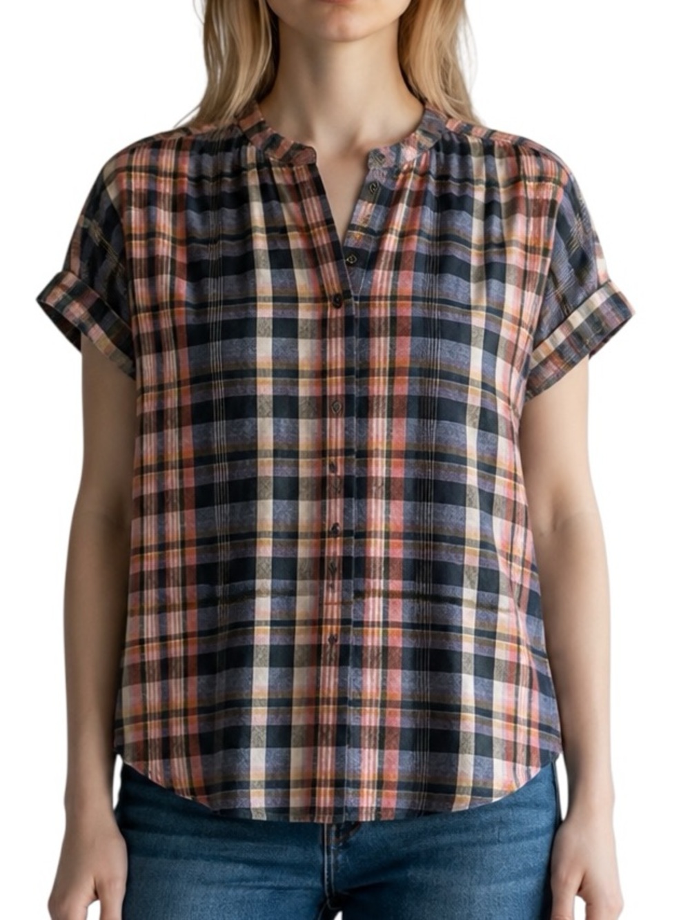 Caslon linen blend plaid button down cuff sleeve top size S excellent condition